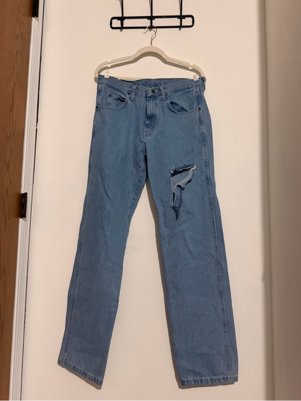 Wrangler Light Blue Straight-Leg Distressed Jeans